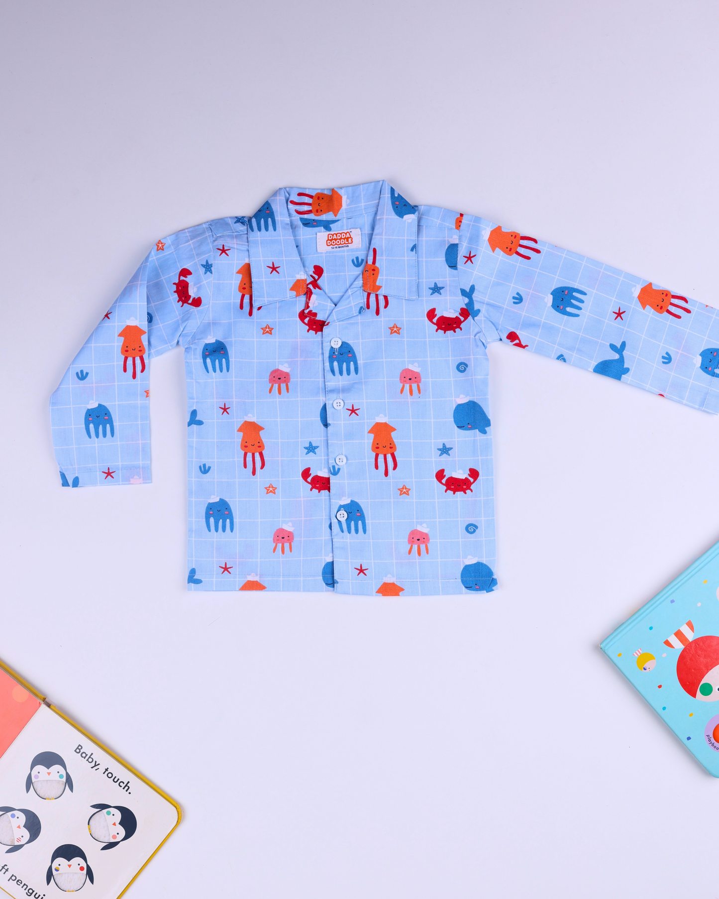 Dadda Doodle Cotton Woven Full Sleeves Co-ords Night Suit With Jellyfish Print - Ice Blue