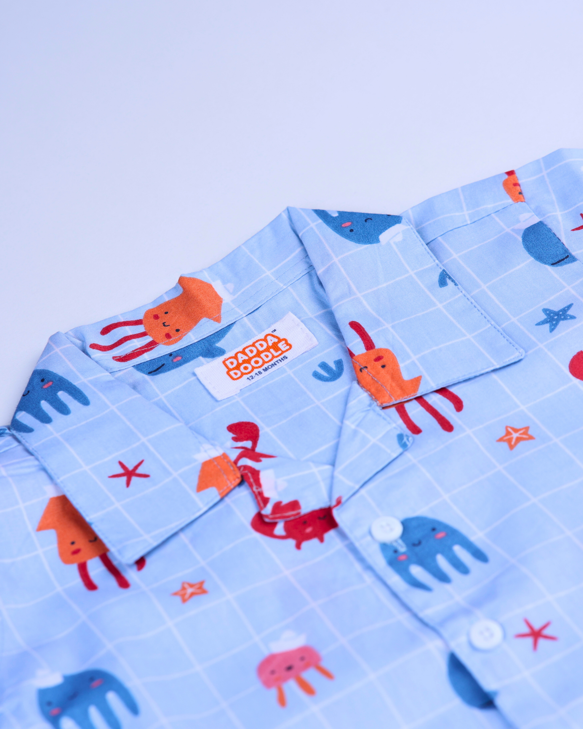 Dadda Doodle Cotton Woven Full Sleeves Co-ords Night Suit With Jellyfish Print - Ice Blue