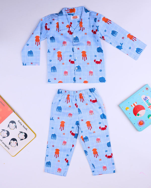 Dadda Doodle Cotton Woven Full Sleeves Co-ords Night Suit With Jellyfish Print - Ice Blue