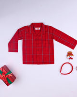 Dadda Doodle Cotton Woven Full Sleeves Co-ords Night Suit With Checkered Print - Red