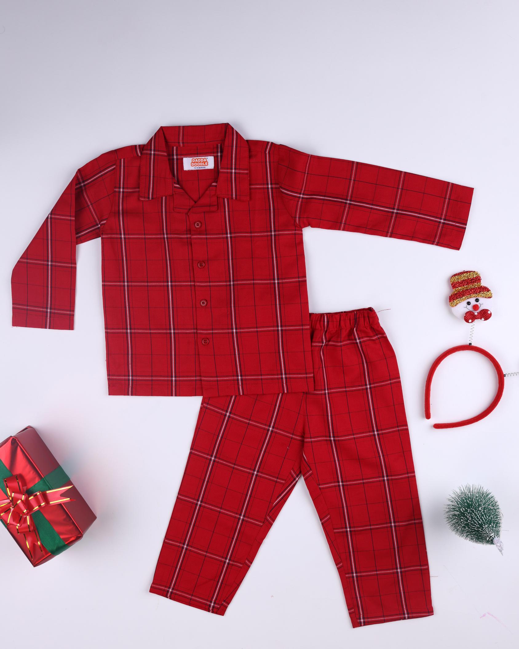 Dadda Doodle Cotton Woven Full Sleeves Co-ords Night Suit With Checkered Print - Red