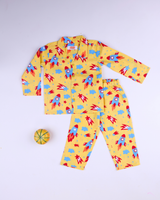 Dadda Doodle Cotton Woven Full Sleeves Co-ords Night Suit With Space Rocket Print - Yellow