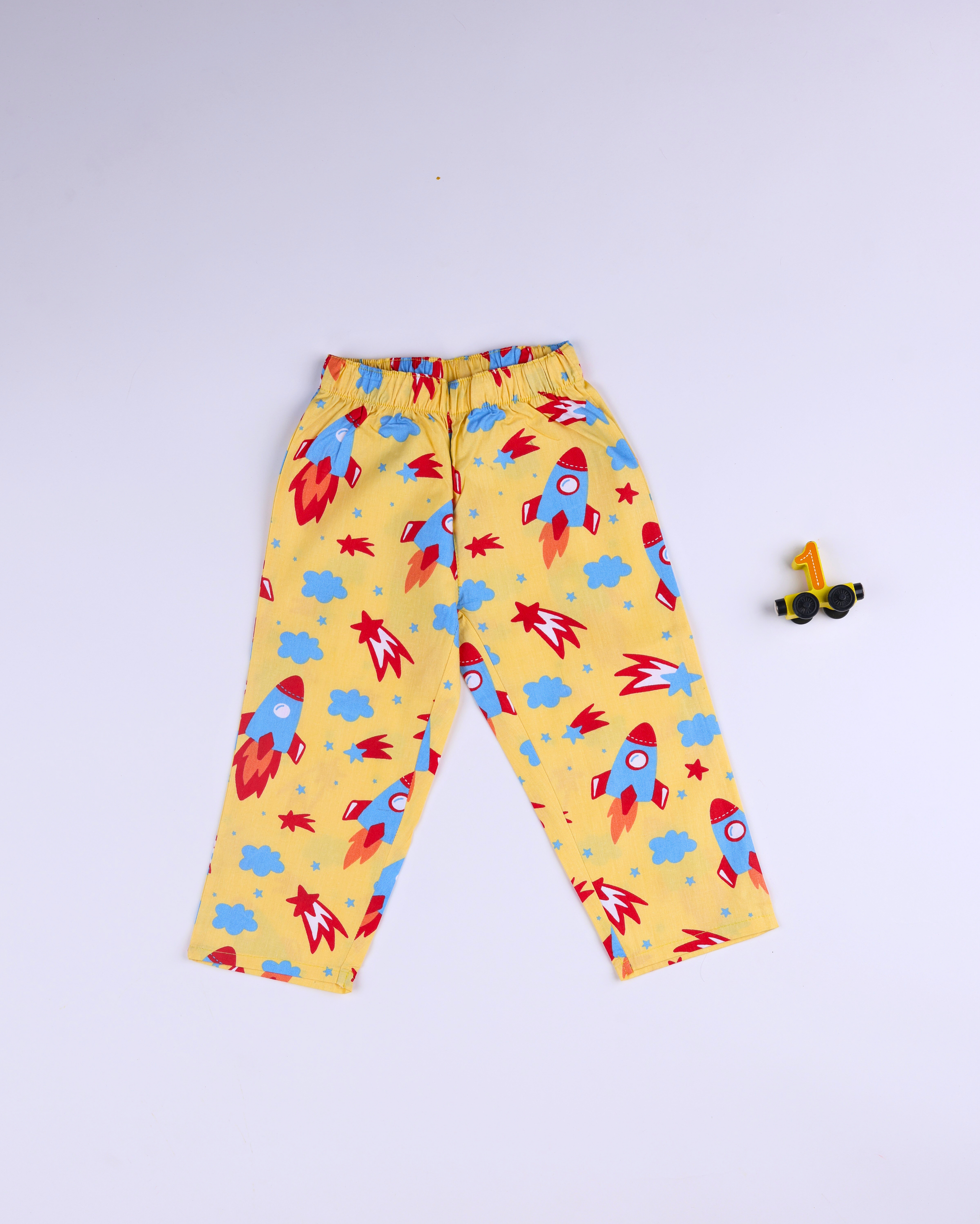 Dadda Doodle Cotton Woven Full Sleeves Co-ords Night Suit With Space Rocket Print - Yellow