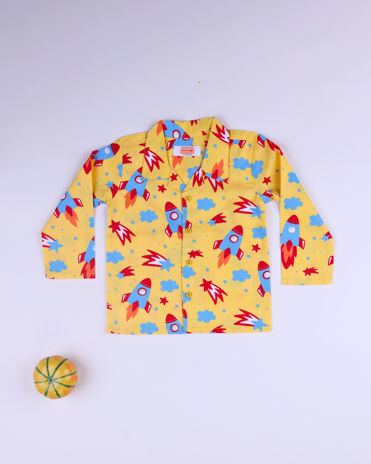 Dadda Doodle Cotton Woven Full Sleeves Co-ords Night Suit With Space Rocket Print - Yellow