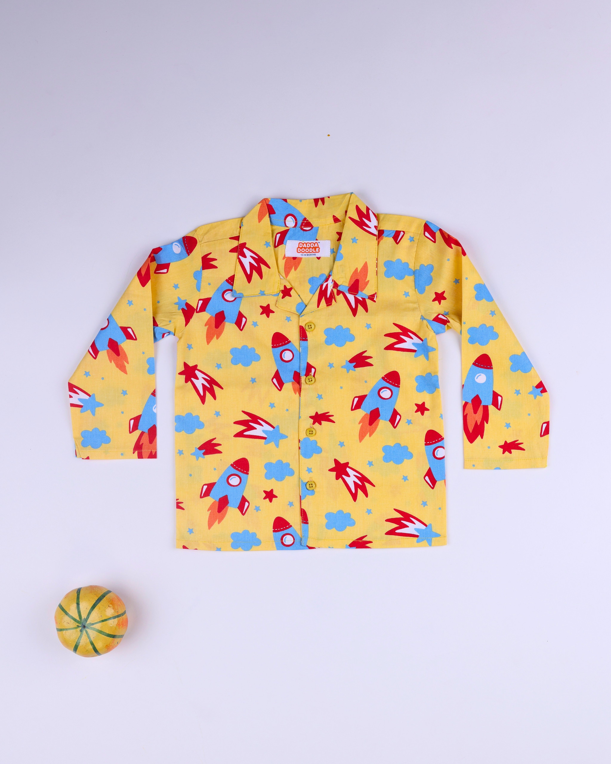Dadda Doodle Cotton Woven Full Sleeves Co-ords Night Suit With Space Rocket Print - Yellow