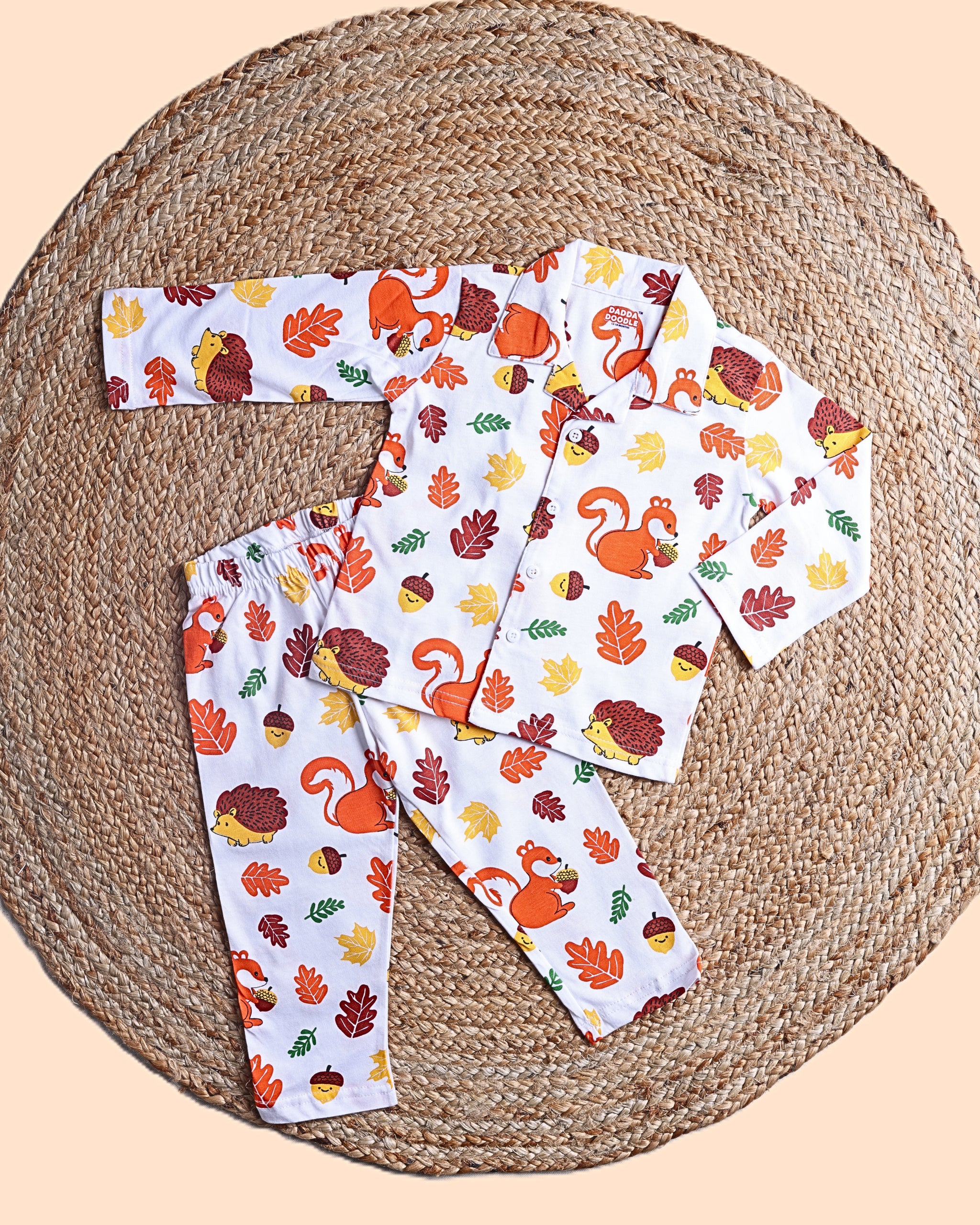 Dadda Doodle Cotton Knit Full Sleeves Co-ords Night Suit With Orange Animal