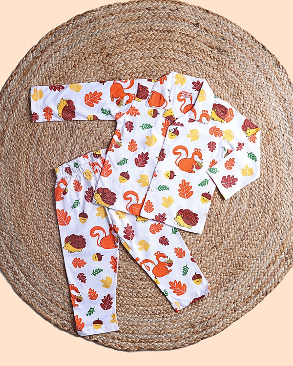 Dadda Doodle Cotton Knit Full Sleeves Co-ords Night Suit With Orange Animal