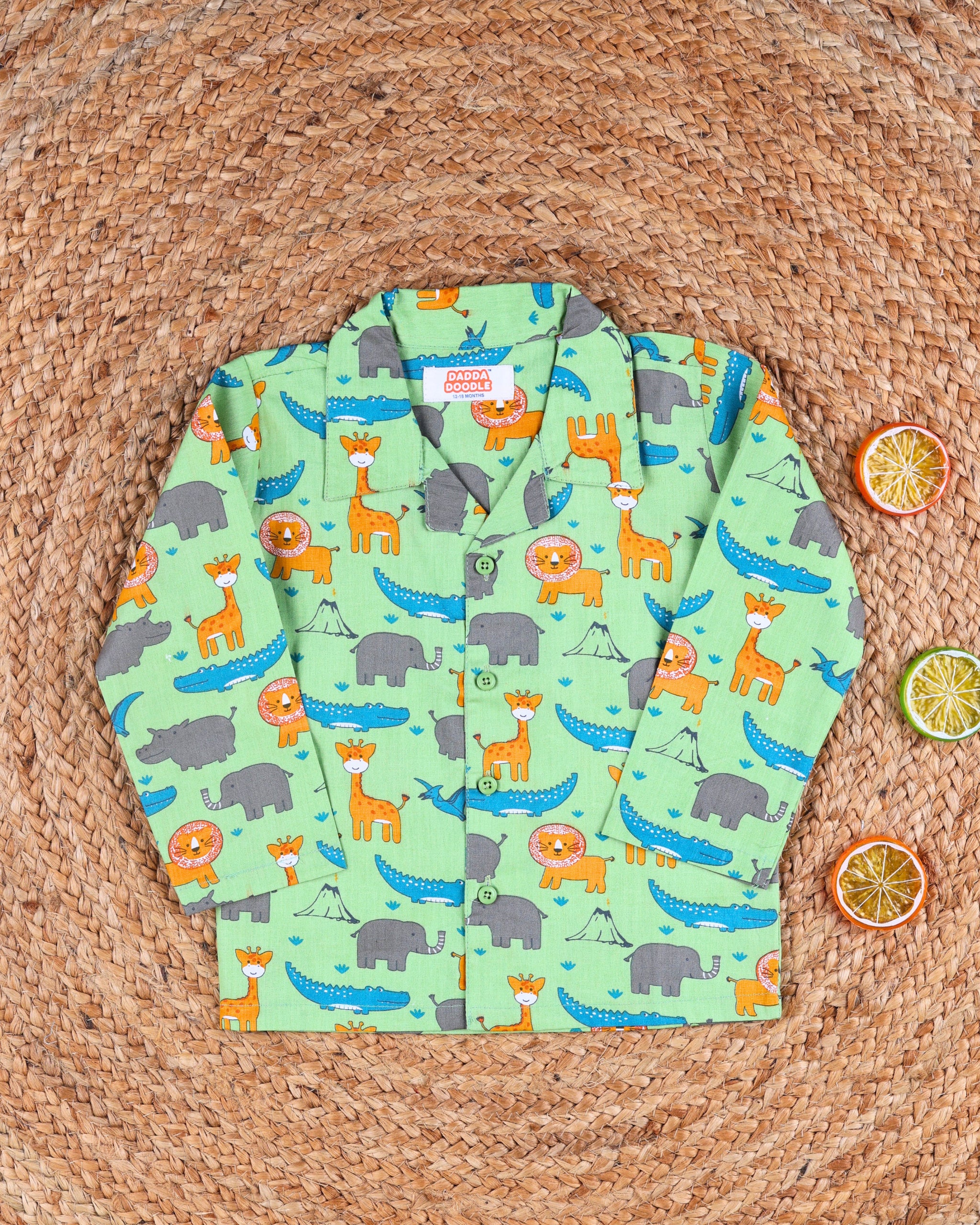 Dadda Doodle Cotton Woven Full Sleeves Co-ords Night Suit With Animal Print - Green