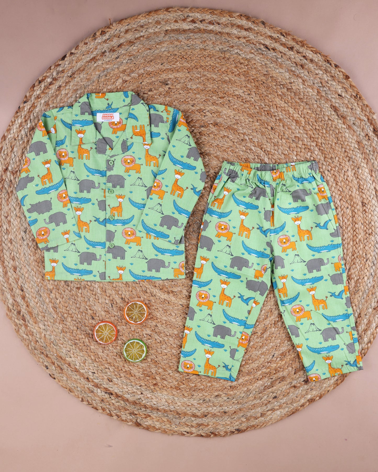 Dadda Doodle Cotton Woven Full Sleeves Co-ords Night Suit With Animal Print - Green