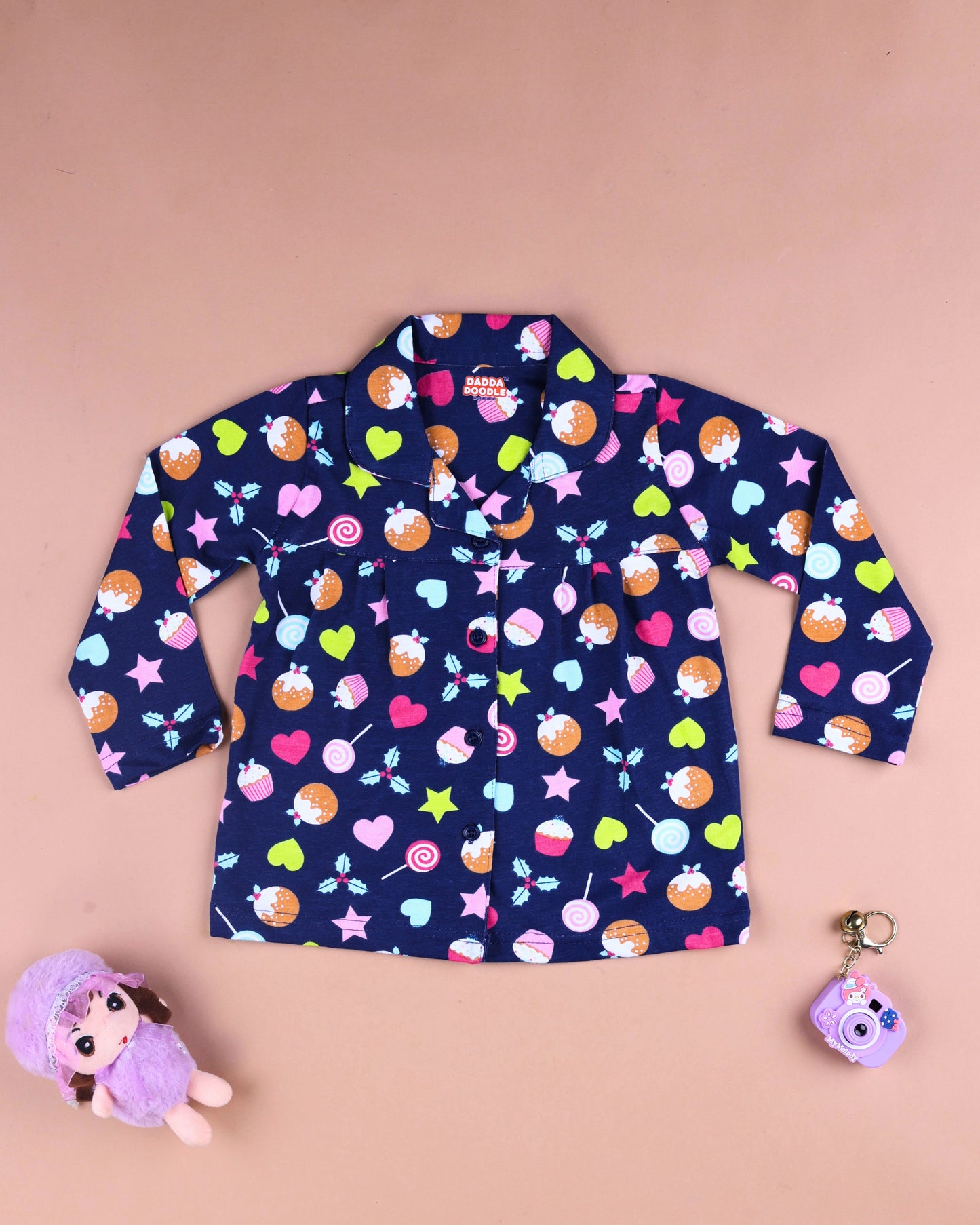 Dadda Doodle Cotton Knit Full Sleeves Co-ords Night Suit With Candy