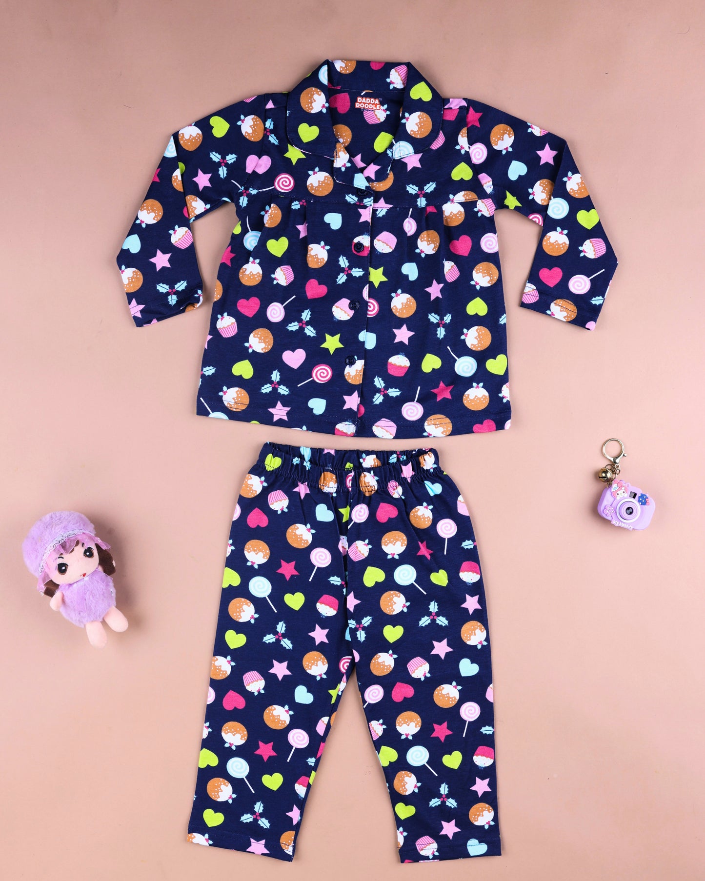 Dadda Doodle Cotton Knit Full Sleeves Co-ords Night Suit With Candy
