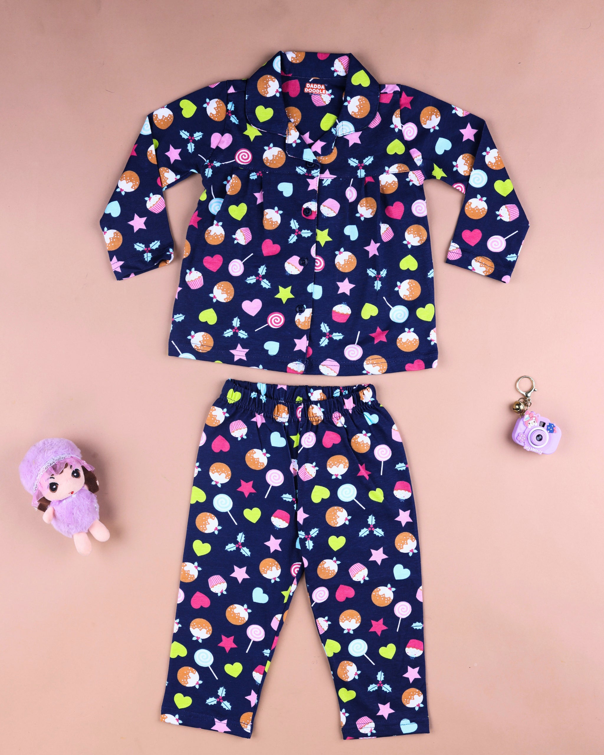 Dadda Doodle Cotton Knit Full Sleeves Co-ords Night Suit With Candy