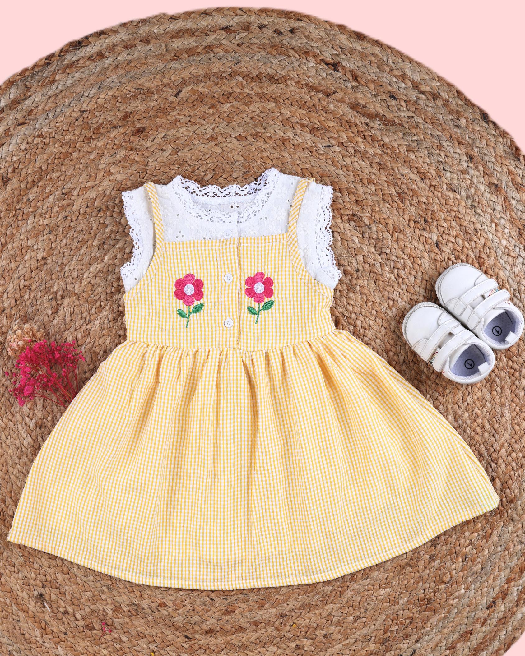 Sunny Yellow Gingham Floral Dress