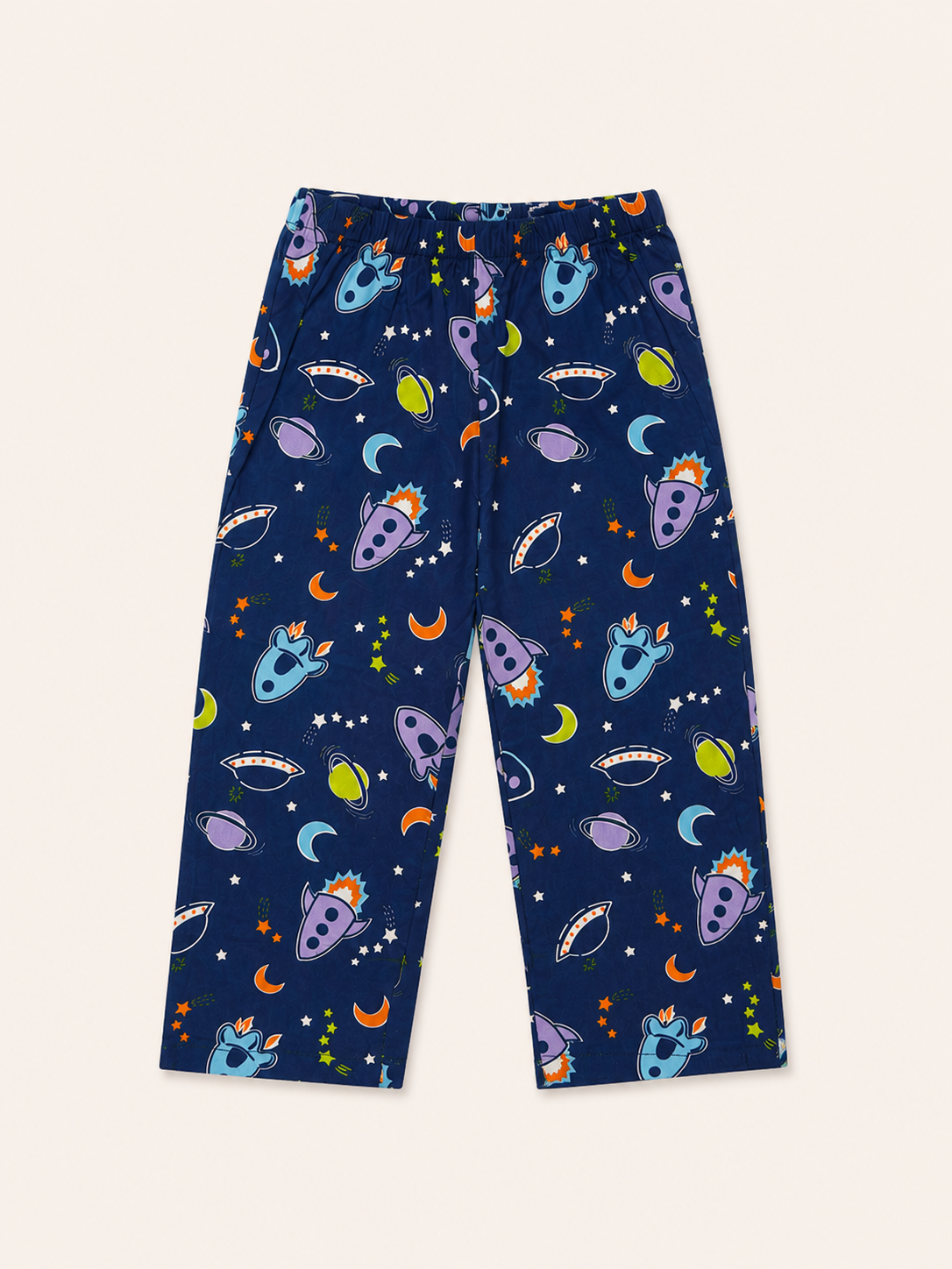 Dadda Doodle Cotton Woven Full Sleeves Co-ords Night Suit With Spaceship Print - Blue