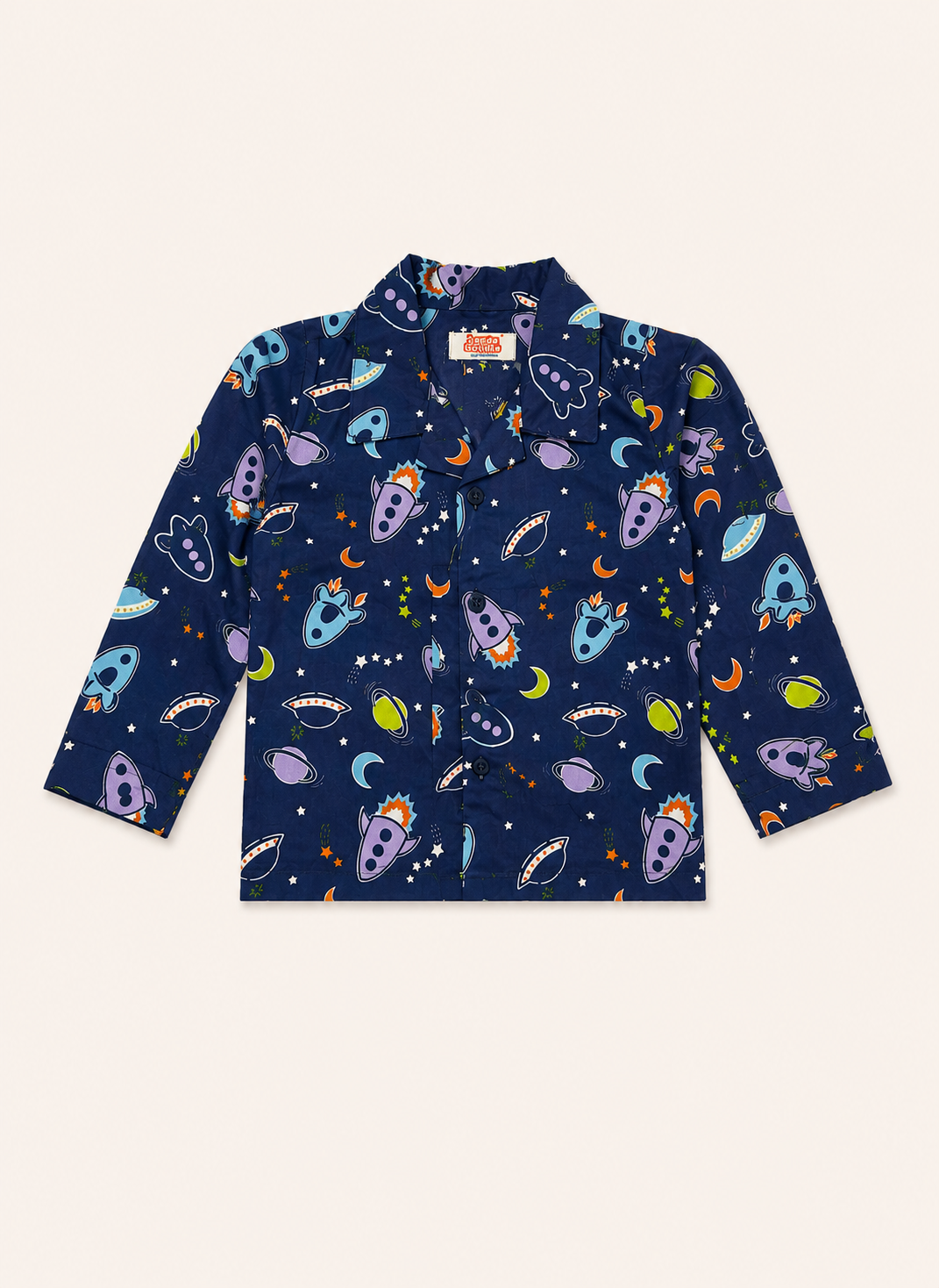 Dadda Doodle Cotton Woven Full Sleeves Co-ords Night Suit With Spaceship Print - Blue