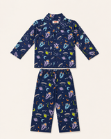 Dadda Doodle Cotton Woven Full Sleeves Co-ords Night Suit With Spaceship Print - Blue