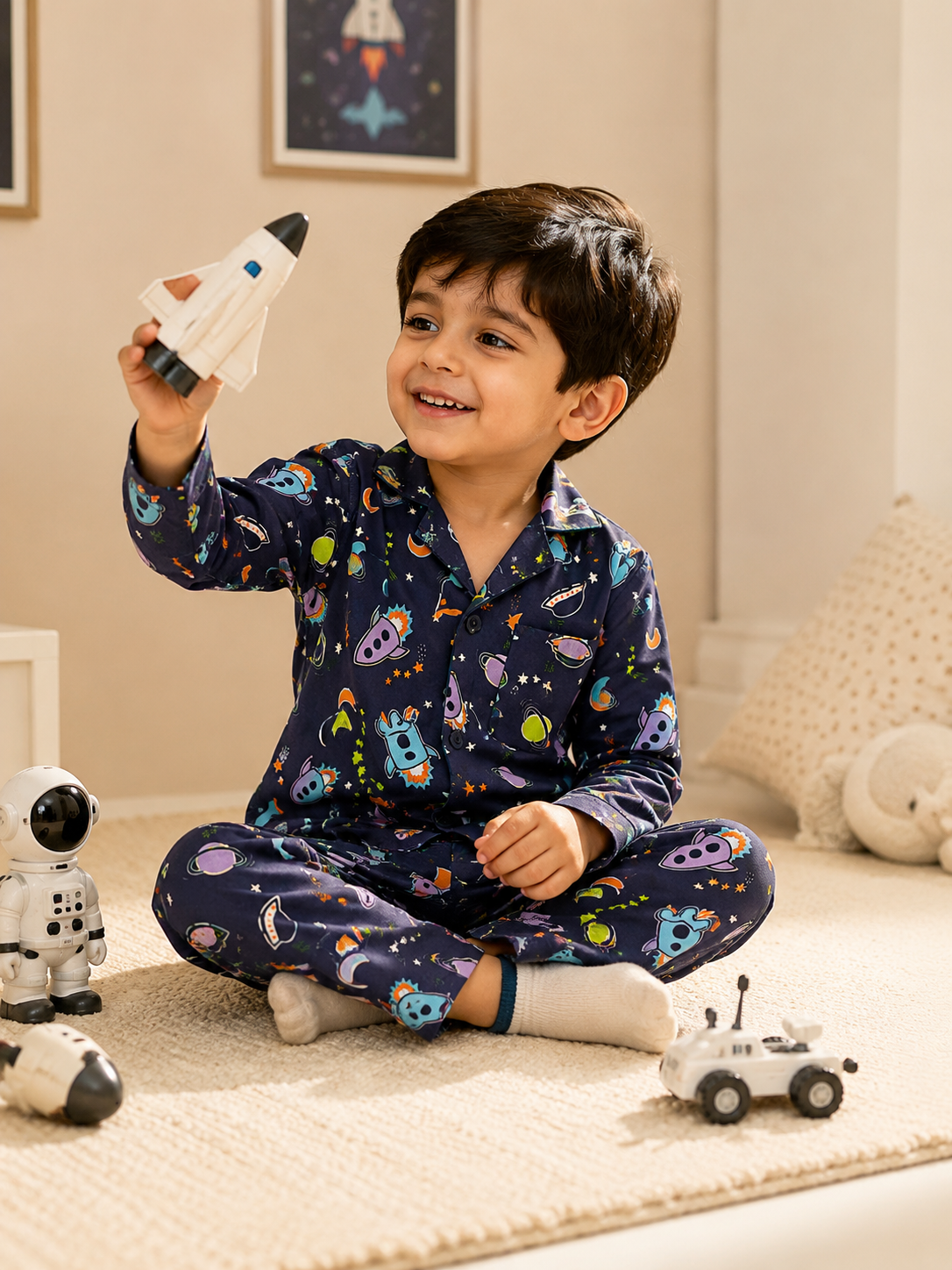 Dadda Doodle Cotton Woven Full Sleeves Co-ords Night Suit With Spaceship Print - Blue