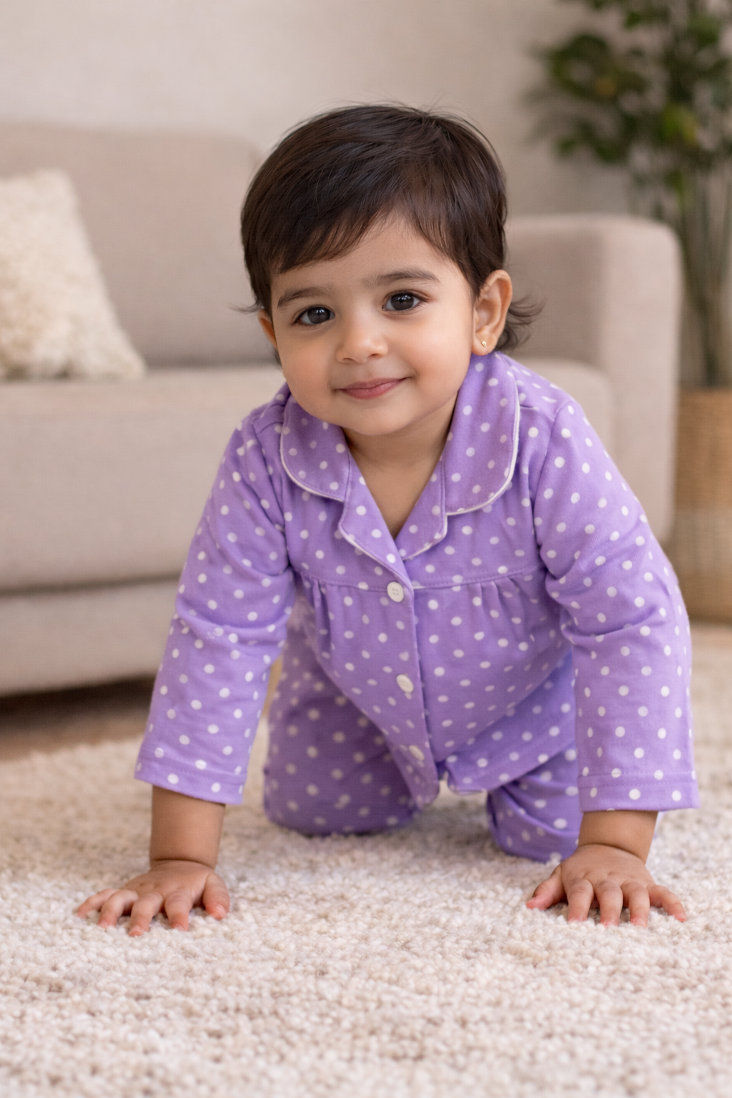 Dadda Doodle Cotton Knit Full Sleeves Co-ords Night Suit With Polka Dots- Purple