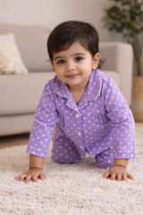 Dadda Doodle Cotton Knit Full Sleeves Co-ords Night Suit With Polka Dots- Purple