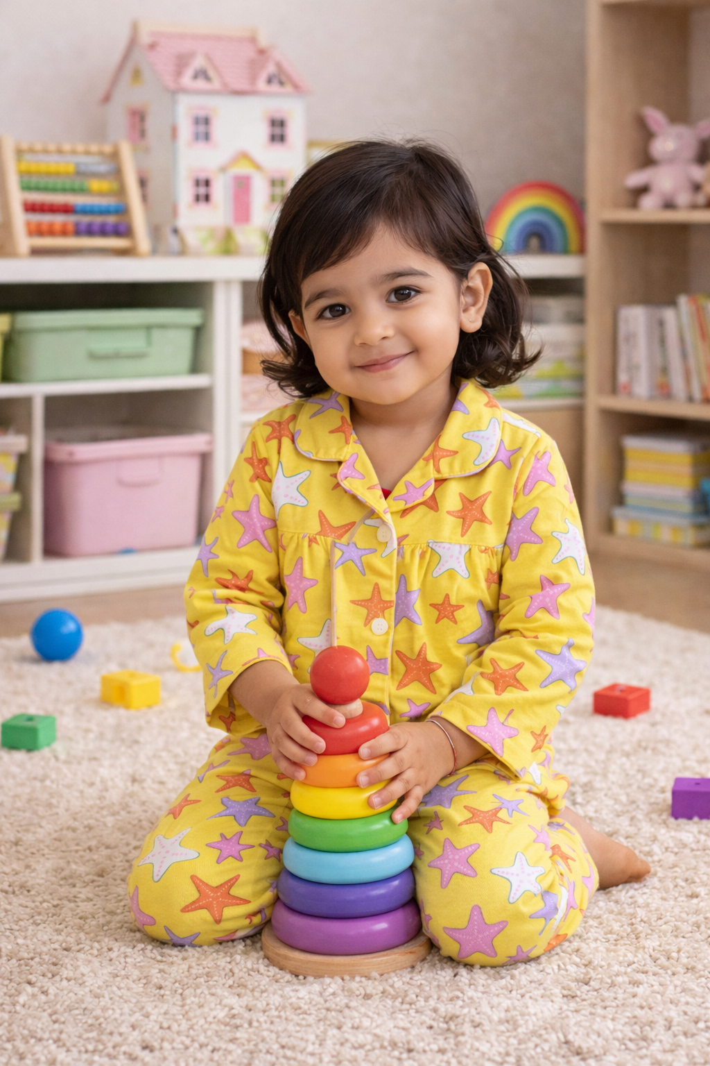Dadda Doodle Cotton Knit Full Sleeves Co-ords Night Suit With Big Stars