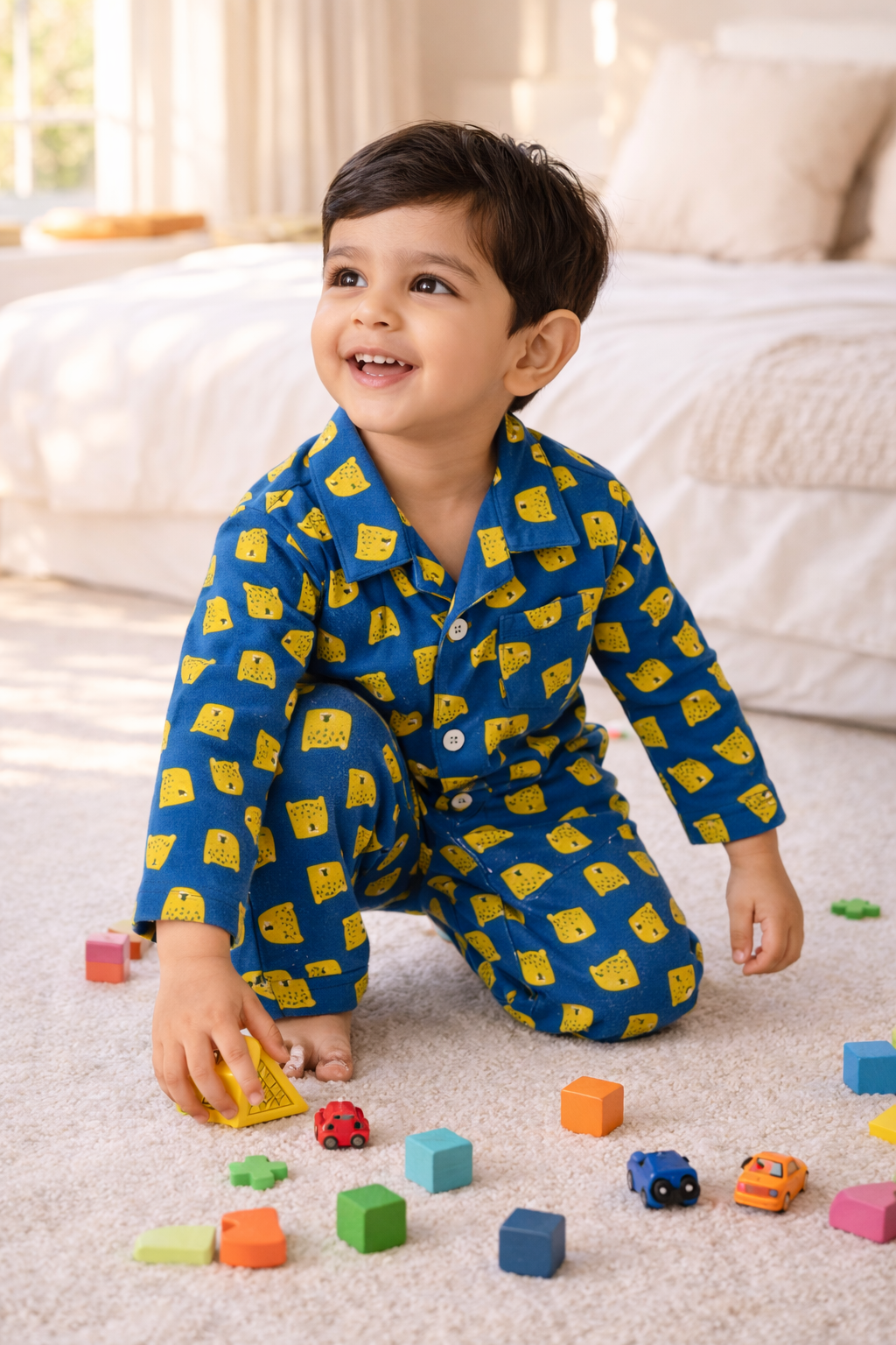 Dadda Doodle Cotton Woven Full Sleeves Co-ords Night Suit With Animal Print - Teal