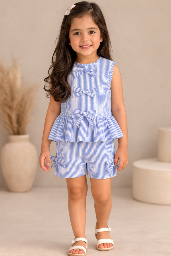 Dadda Doodle Cotton Woven Sleeveless Co-ords Set With Striped Bow Detail – Blue