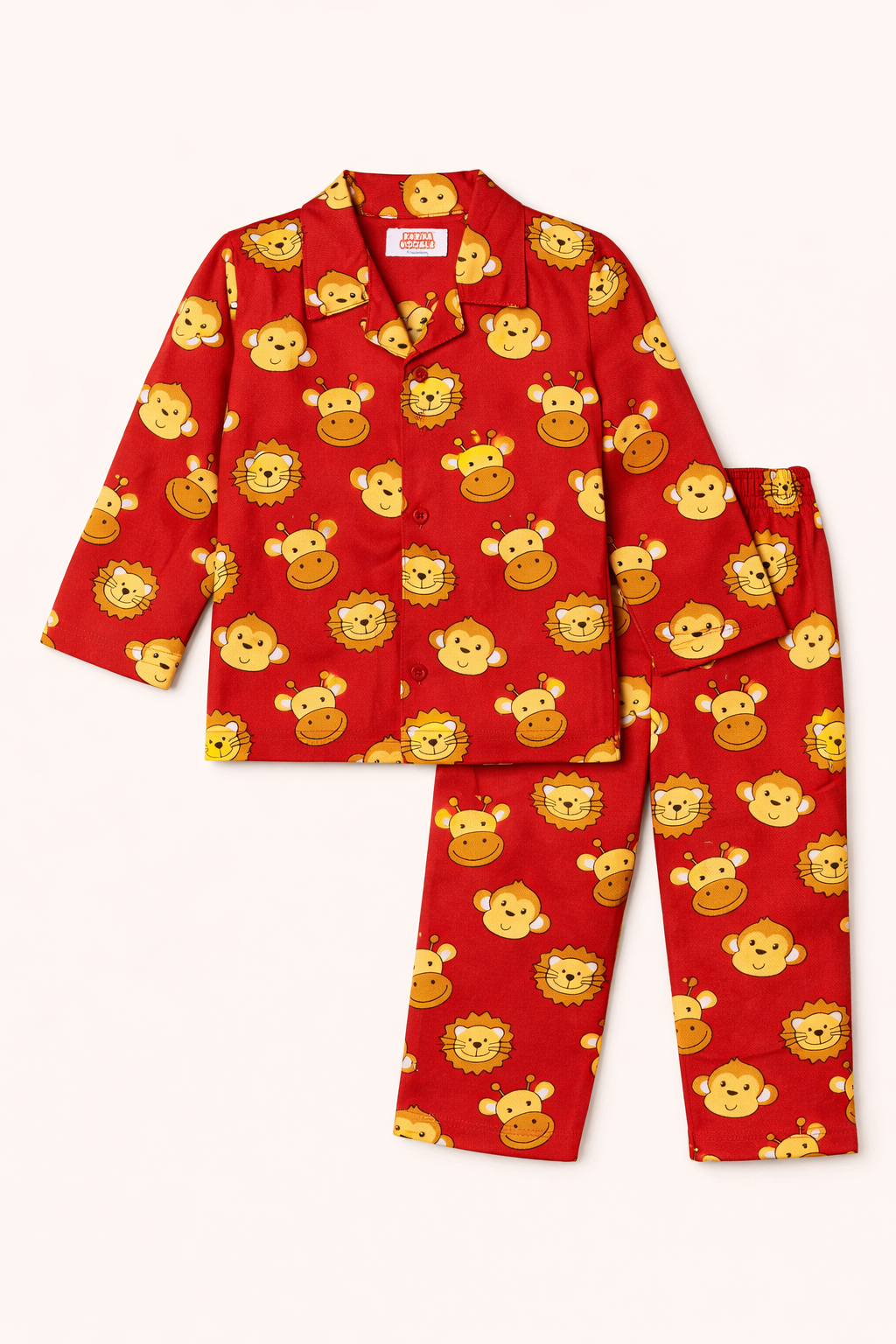 Dadda Doodle Cotton Woven Full Sleeves Co-ords Night Suit With Animal Print- RED