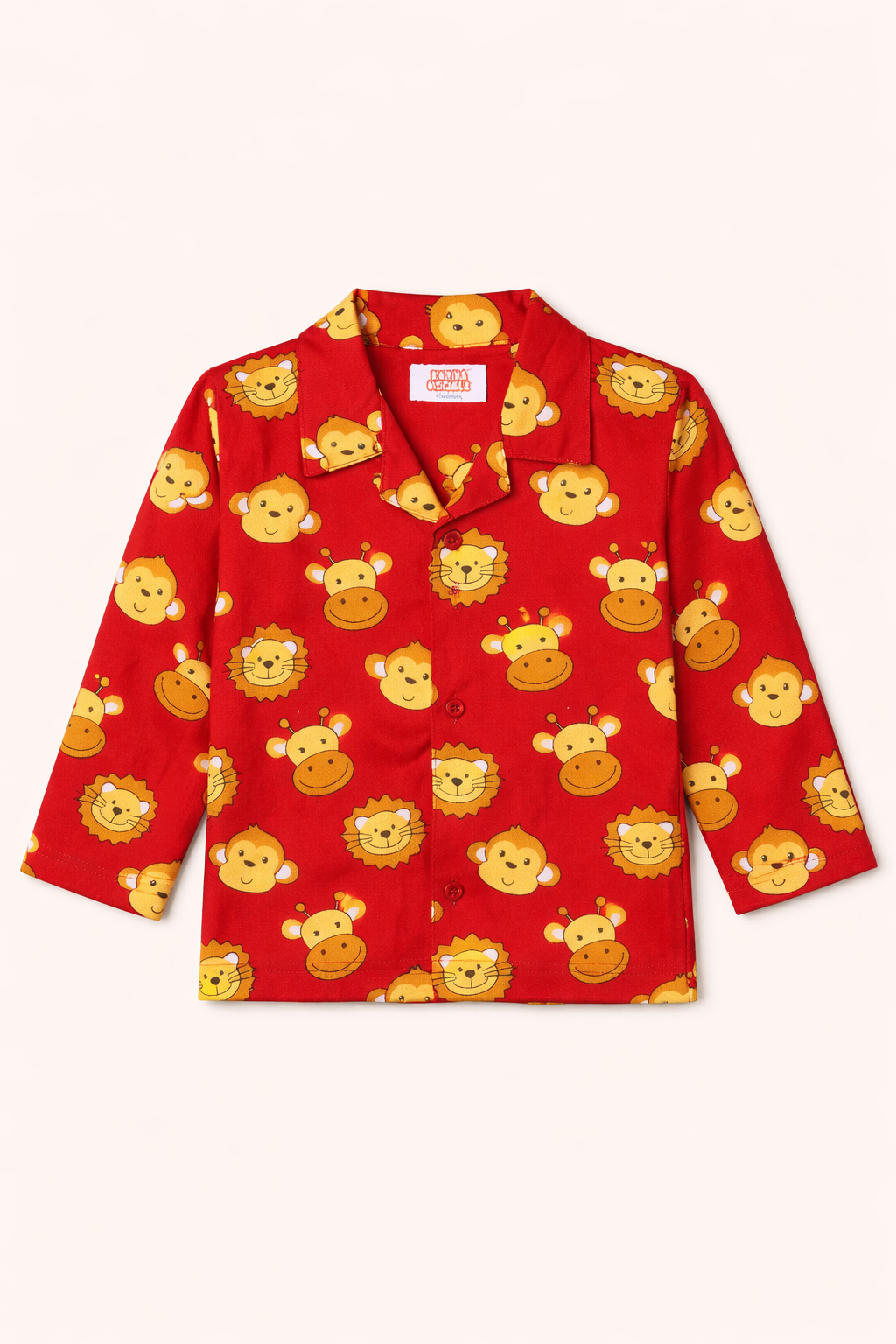 Dadda Doodle Cotton Woven Full Sleeves Co-ords Night Suit With Animal Print- RED