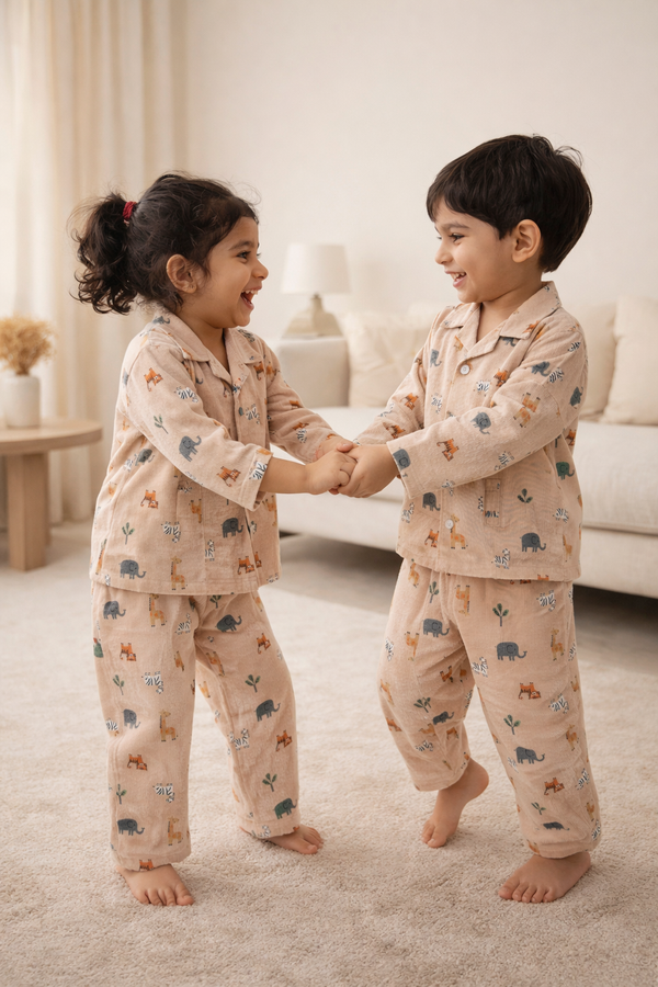 Dadda Doodle Cotton Woven Full Sleeves Co-ords Night Suit With Animal Print - Beige