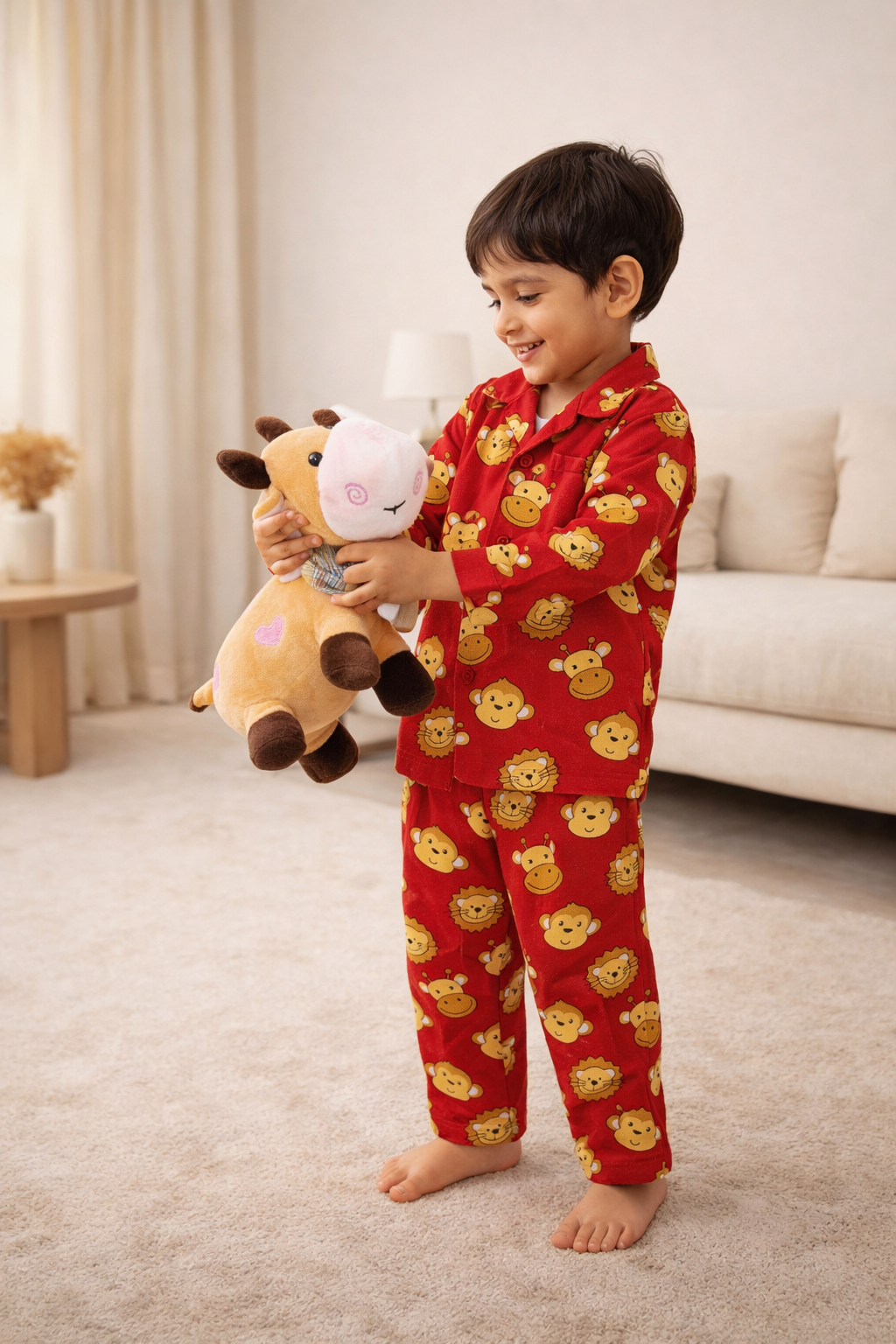 Dadda Doodle Cotton Woven Full Sleeves Co-ords Night Suit With Animal Print- RED