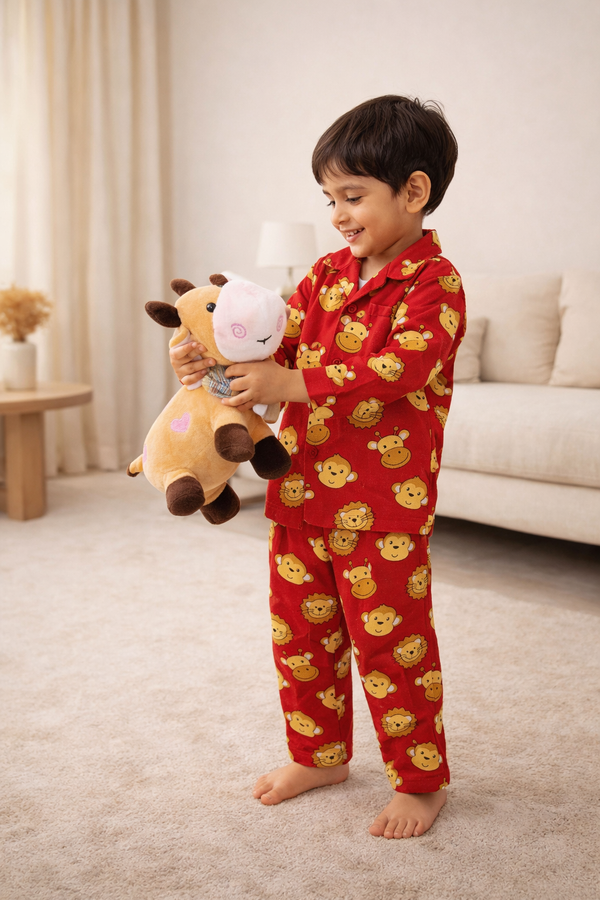 Dadda Doodle Cotton Woven Full Sleeves Co-ords Night Suit With Animal Print- RED