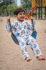 Dadda Doodle Cotton Woven Full Sleeves Co-ords Night Suit With Animal Print - White