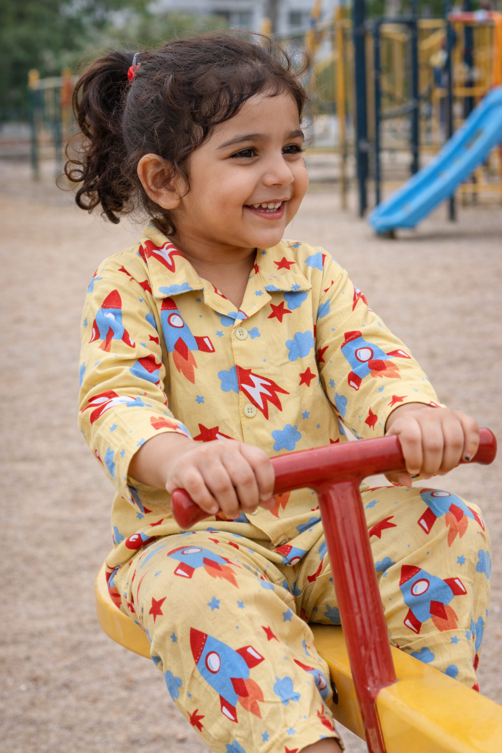 Dadda Doodle Cotton Woven Full Sleeves Co-ords Night Suit With Space Rocket Print - Yellow