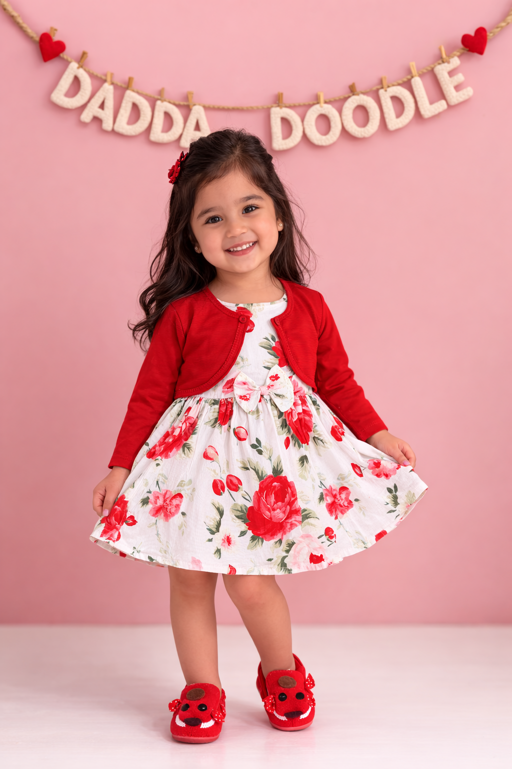 Dadda Doodle White All over floral printed Frock with Red Shrug
