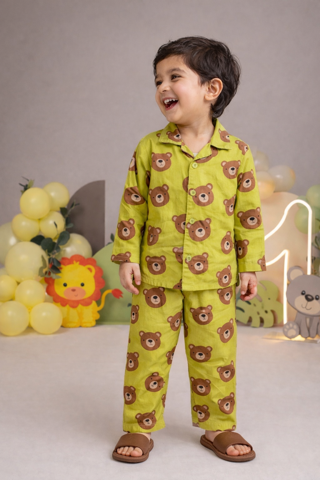 Dadda Doodle Cotton Woven Full Sleeves Co-ords Night Suit With Bear Print - Lime
