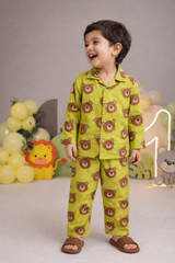 Dadda Doodle Cotton Woven Full Sleeves Co-ords Night Suit With Bear Print - Lime
