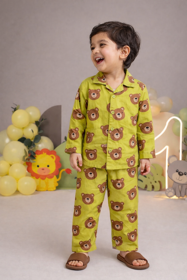 Dadda Doodle Cotton Woven Full Sleeves Co-ords Night Suit With Bear Print - Lime