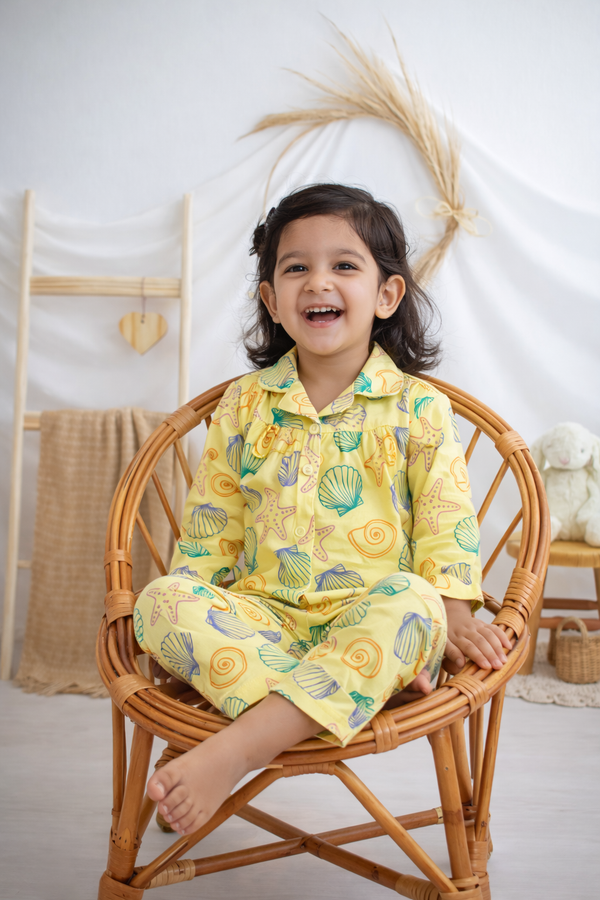 Dadda Doodle Cotton Knit Full Sleeves Co-ords Night Suit With Oyster-Yellow