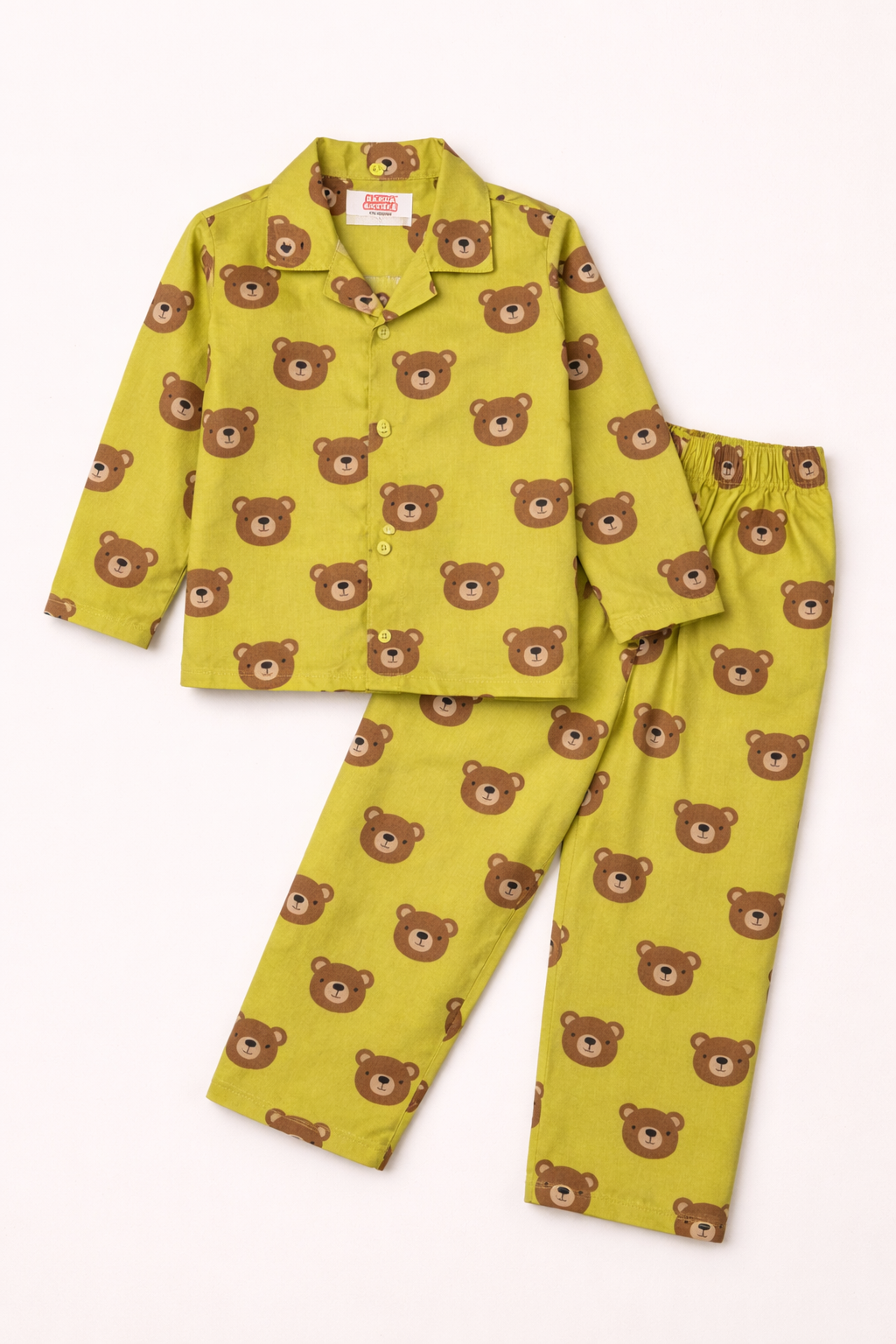 Dadda Doodle Cotton Woven Full Sleeves Co-ords Night Suit With Bear Print - Lime