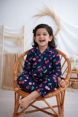Dadda Doodle Cotton Knit Full Sleeves Co-ords Night Suit With Cherry Print - Blue