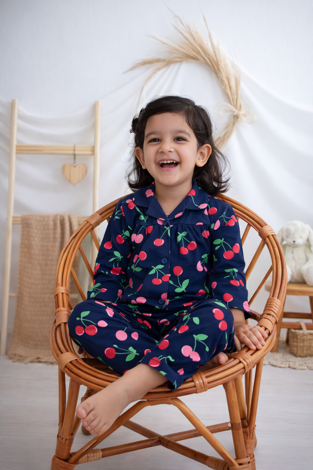 Dadda Doodle Cotton Knit Full Sleeves Co-ords Night Suit With Cherry Print - Blue