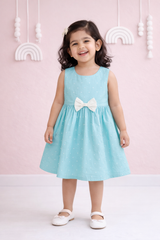 Dadda Doodle Polka Dot Printed Frock With Bow - Light Blue