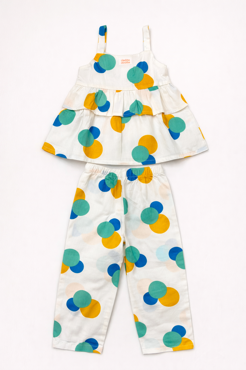 Dadda Doodle Cotton Woven Sleeveless Dots Top & Pants Set with Ruffles - Blue