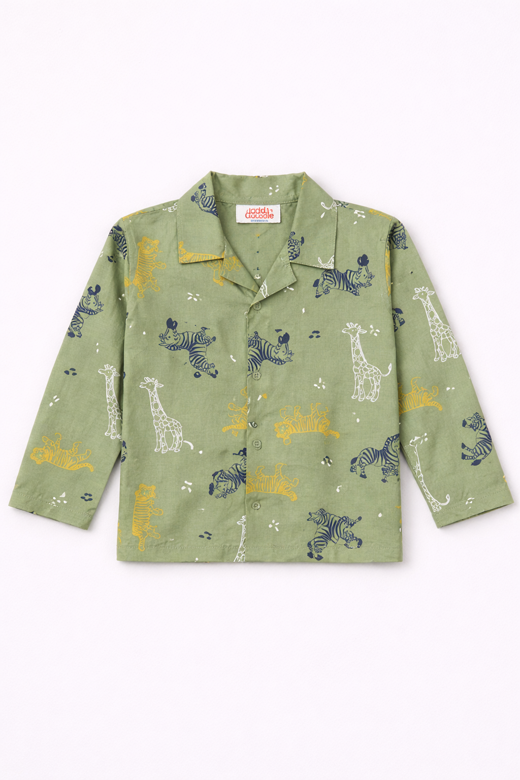 Dadda Doodle Cotton Woven Full Sleeves Co-ords Night Suit With Animal Print- Green