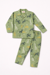 Dadda Doodle Cotton Woven Full Sleeves Co-ords Night Suit With Animal Print- Green
