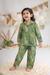 Dadda Doodle Cotton Woven Full Sleeves Co-ords Night Suit With Animal Print- Green