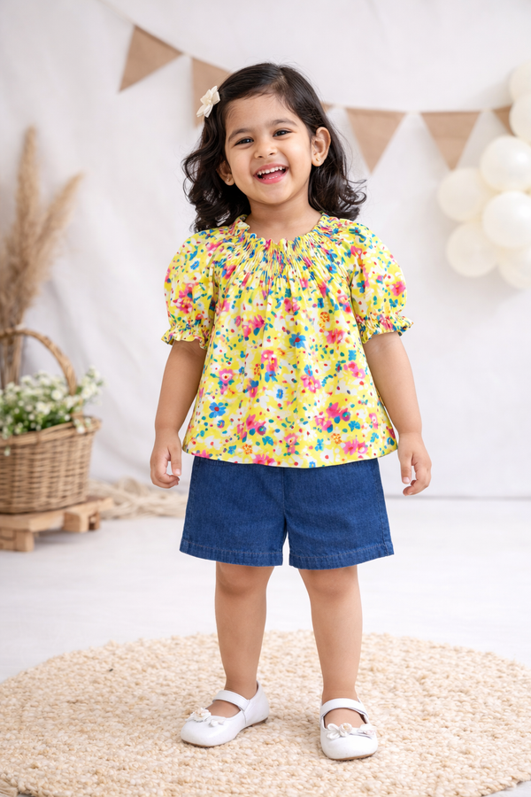 Dadda Doodle Cotton Woven Short Sleeves Co-ords Set With Floral Print – Yellow