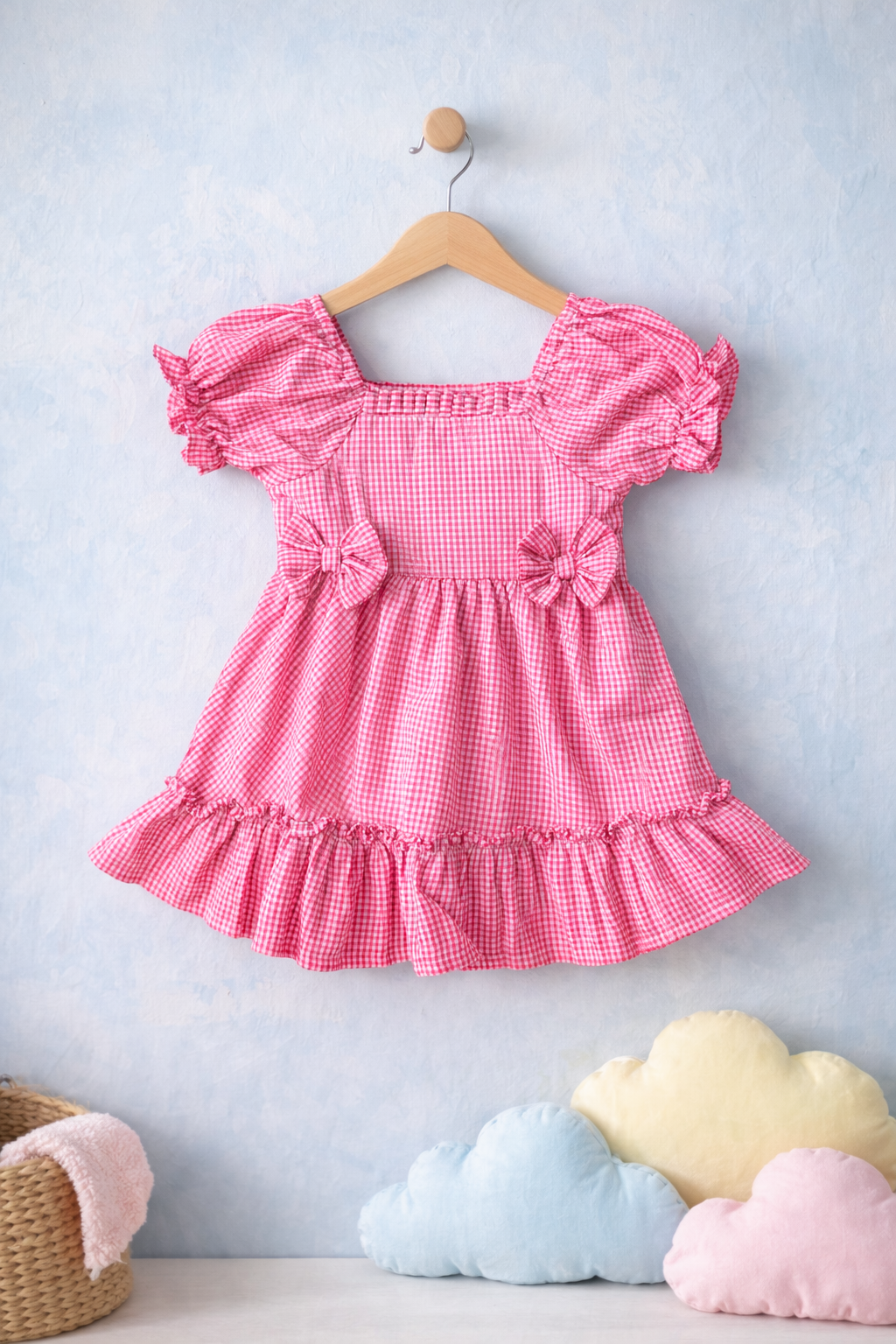Dadda Doodle Seer Sucker Frock with bow details - Pink