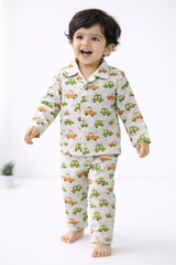 Dadda Doodle Cotton Woven Full Sleeves Co-ords Night Suit With Vehicle Print - White