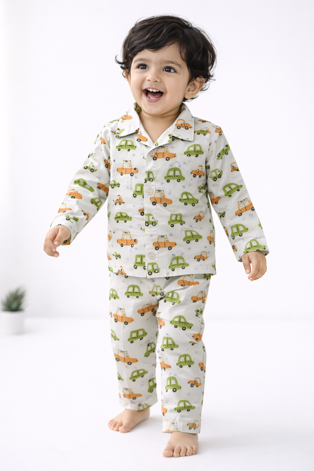 Dadda Doodle Cotton Woven Full Sleeves Co-ords Night Suit With Vehicle Print - White